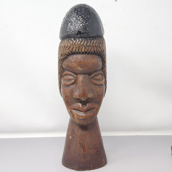 Vintage Wood African-Inspired Tribal Head Sculpture Bust - Picture 1 of 8